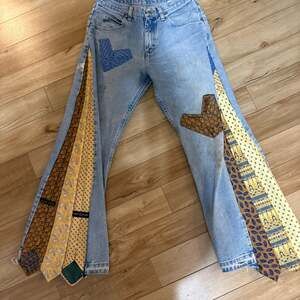 Wrangler Reworked Custom Flare Jeans with Vintage Silk Tie Inserts and Heart Pat